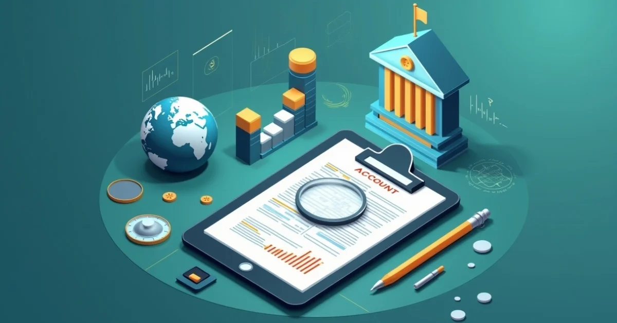 Image of corporate bank account setup with a form, bank icon, and global finance elements.