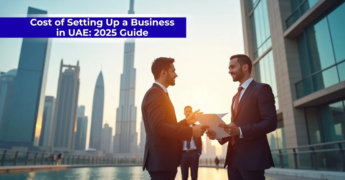 Image of a business setup meeting in front of dubai skyline.