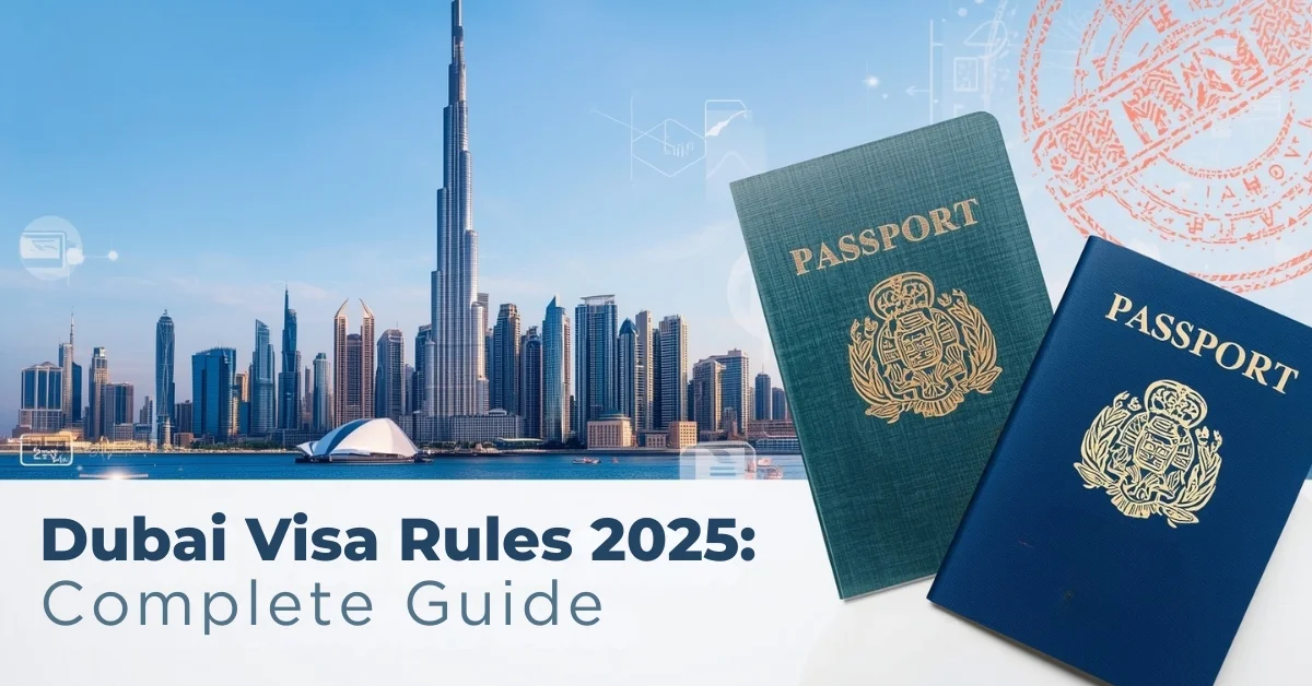 Image of Dubai Visa Rules 2025 complete guide — UAE passport and visa approval concept with Dubai skyline in professional corporate design.