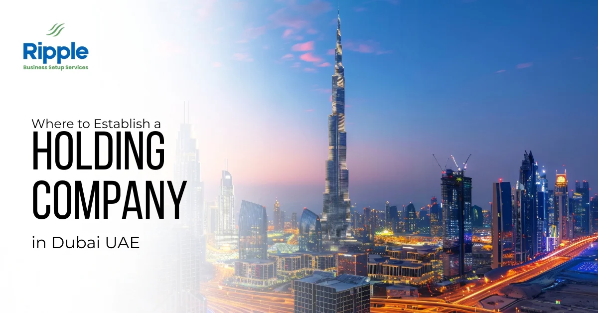 Image of Holding company setup in Dubai UAE with Burj Khalifa skyline.