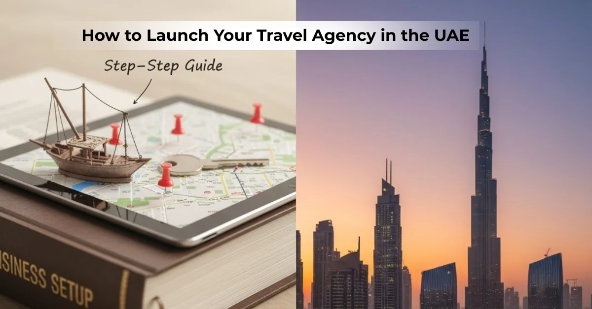 Image of a graphic titled 'How to Launch Your Travel Agency in the UAE,' featuring a world map with a model ship and the Dubai skyline with the Burj Khalifa.