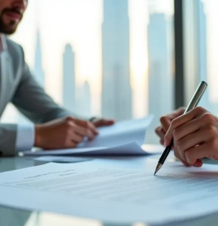 Image of business consultants discussing legal corporate services in Dubai with a city skyline view.