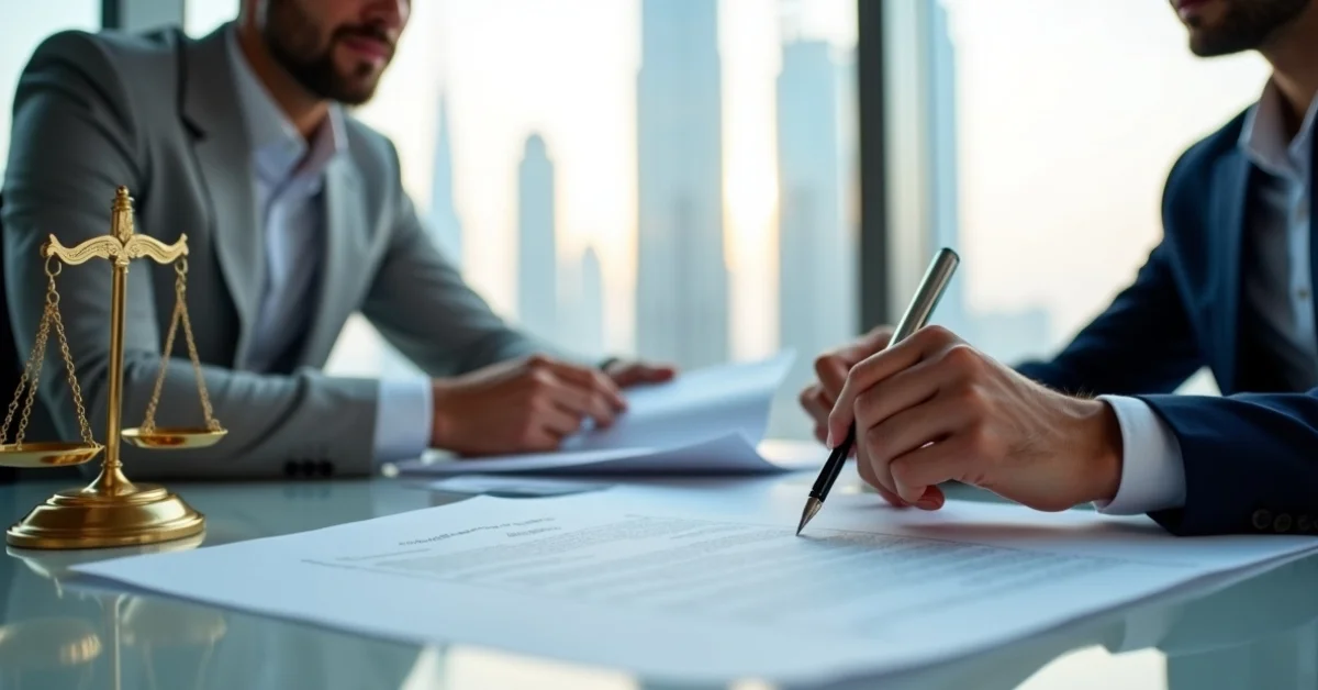 Image of business consultants discussing legal corporate services in Dubai with a city skyline view.