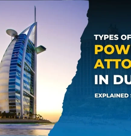 Image promoting 'Types of Power of Attorney in Dubai' explained simply, featuring the Burj Al Arab hotel.