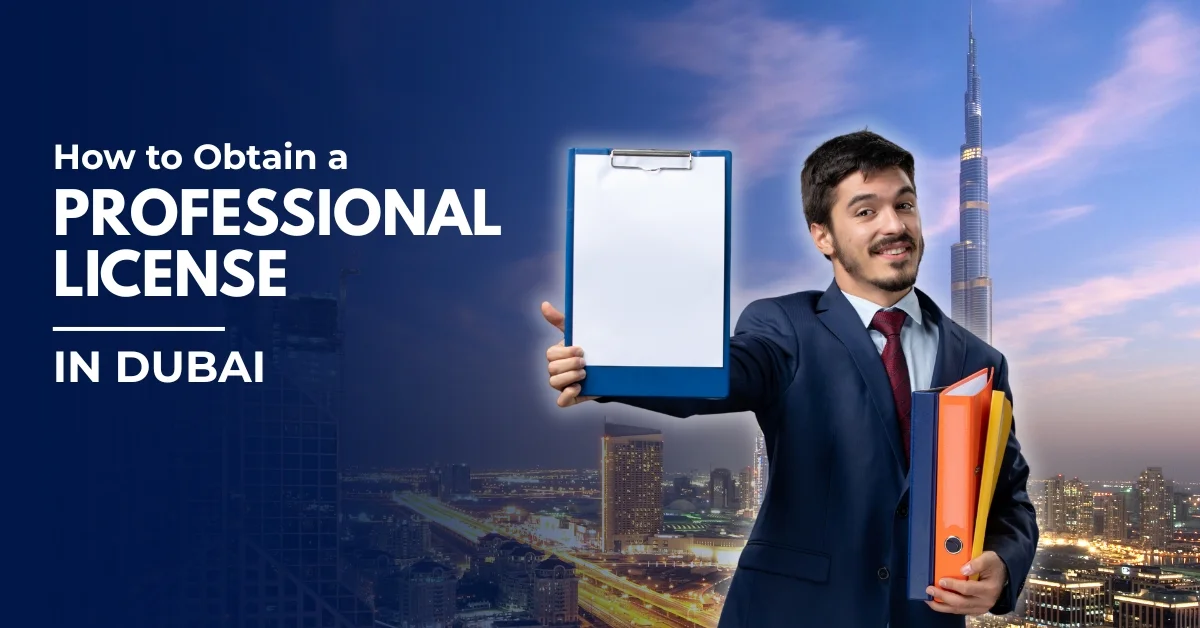 Image of a professional license in Dubai guide with consultant and Dubai skyline background.