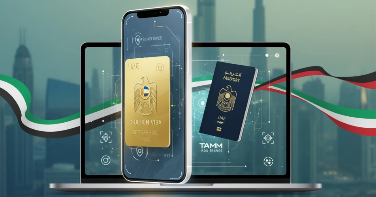 Image of a UAE Golden Visa and passport emerging from a smartphone/laptop, set against the Dubai skyline, representing the online application process.