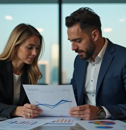 Image of professional consultants discussing UAE corporate tax strategy in a modern Dubai office.