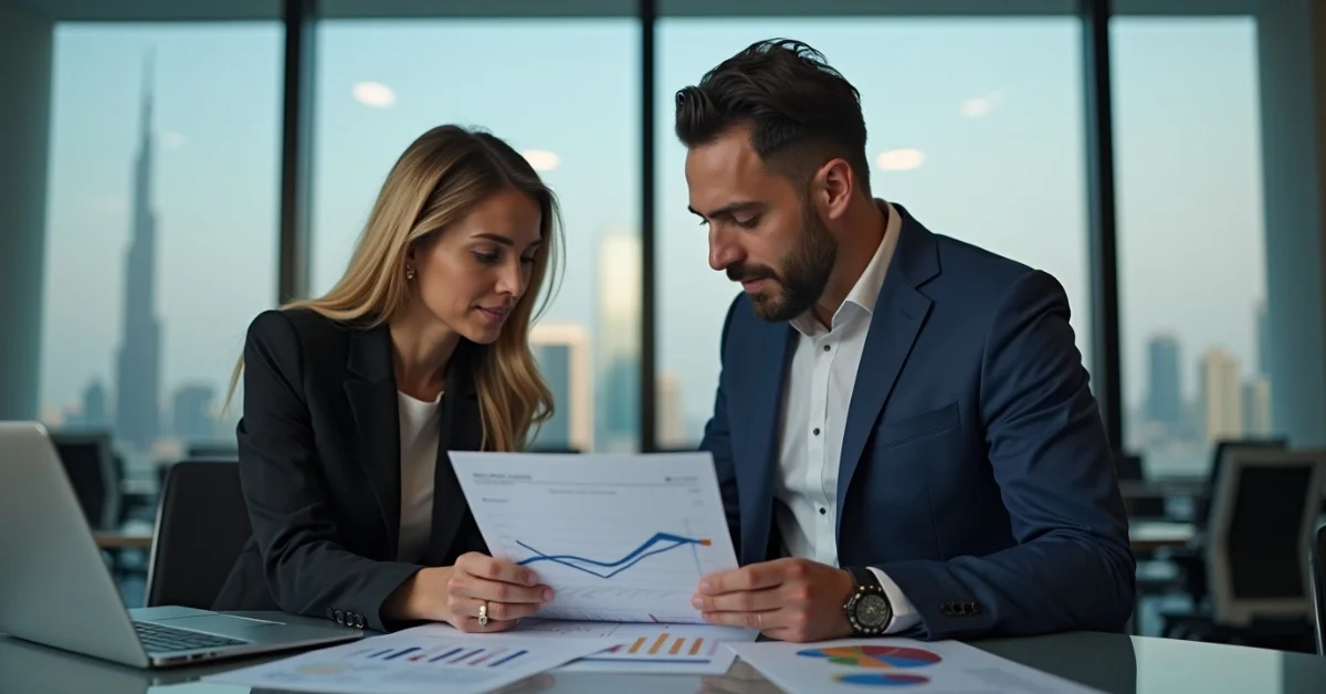 Image of professional consultants discussing UAE corporate tax strategy in a modern Dubai office.