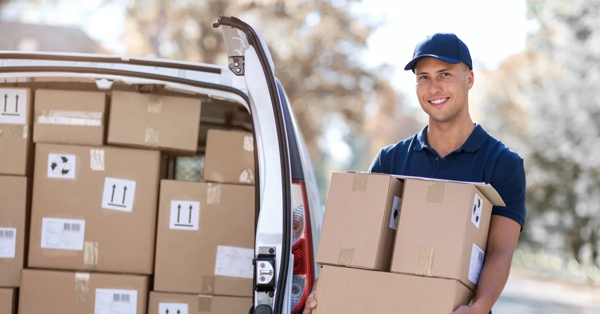 Image of Smiling delivery worker unloading cardboard boxes from a van, representing courier and delivery services.