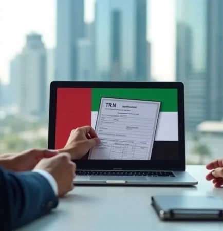 Image of business consultants in Dubai reviewing documents for Tax Registration Number (TRN) application on FTA portal.