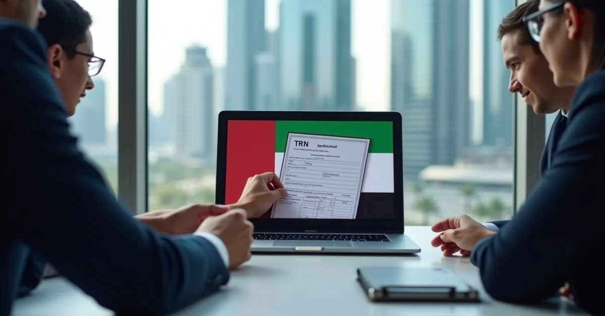 Image of business consultants in Dubai reviewing documents for Tax Registration Number (TRN) application on FTA portal.