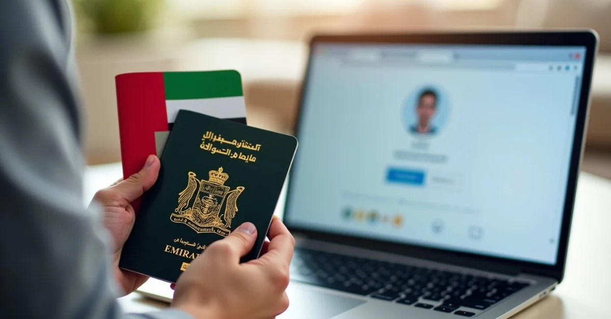 Image of a person checking UID Number on UAE immigration portal with passport and Emirates ID on desk.