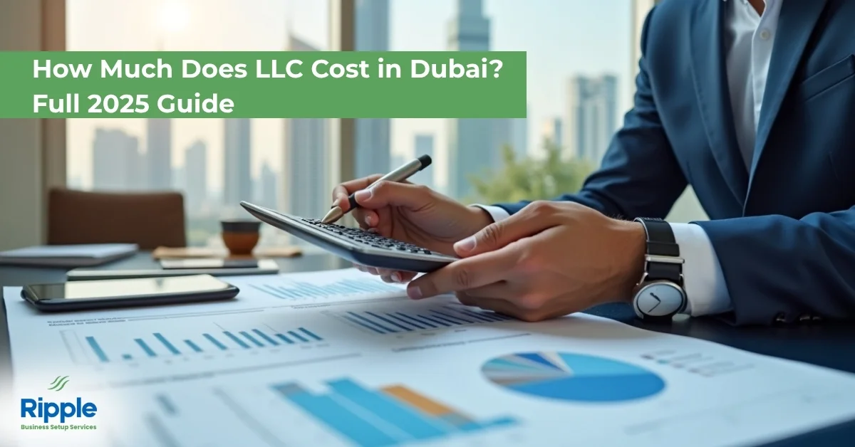 Image of business professional calculating LLC cost in Dubai 2025 with charts, graphs, and financial documents on the desk, showing company setup expenses.