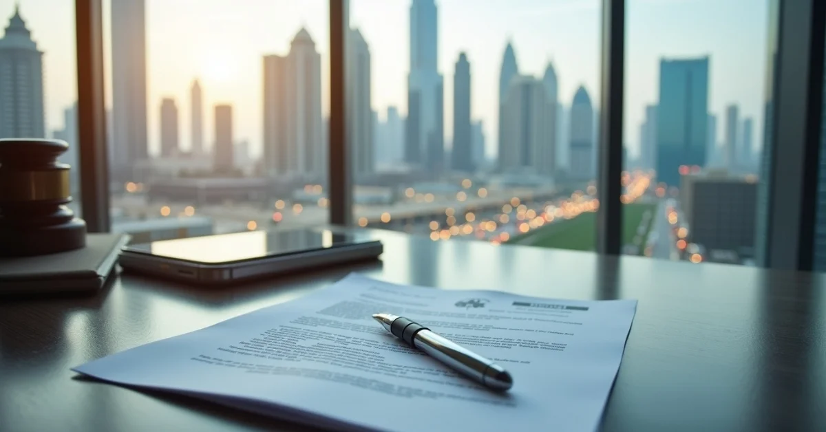 Image of Legal document and pen on office desk with Dubai city skyline in background representing Memorandum of Association (MOA) in UAE