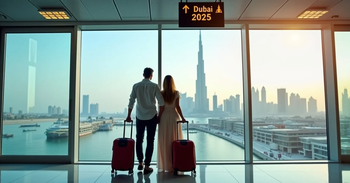 Image of a British couple with luggage at Dubai International Airport representing moving to Dubai from the UK in 2025.