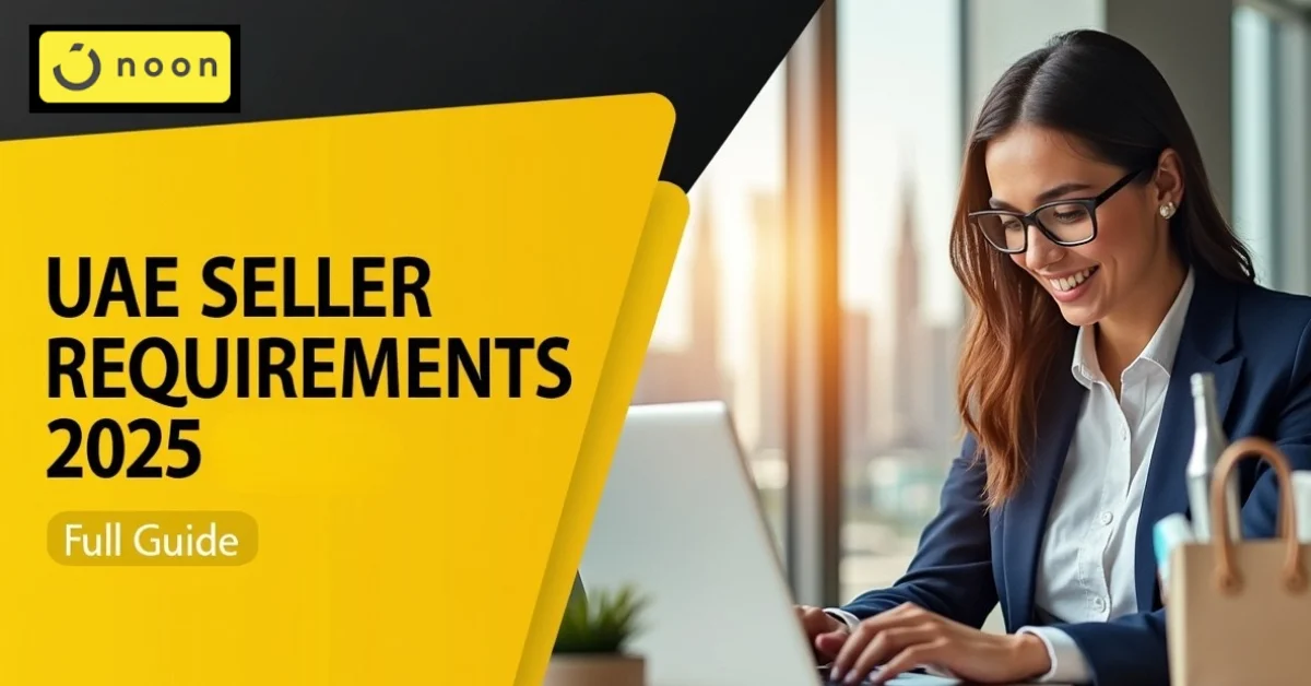 Image of an entrepreneur reviewing Noon UAE seller requirements for 2025 on a laptop with the Dubai skyline in the background.