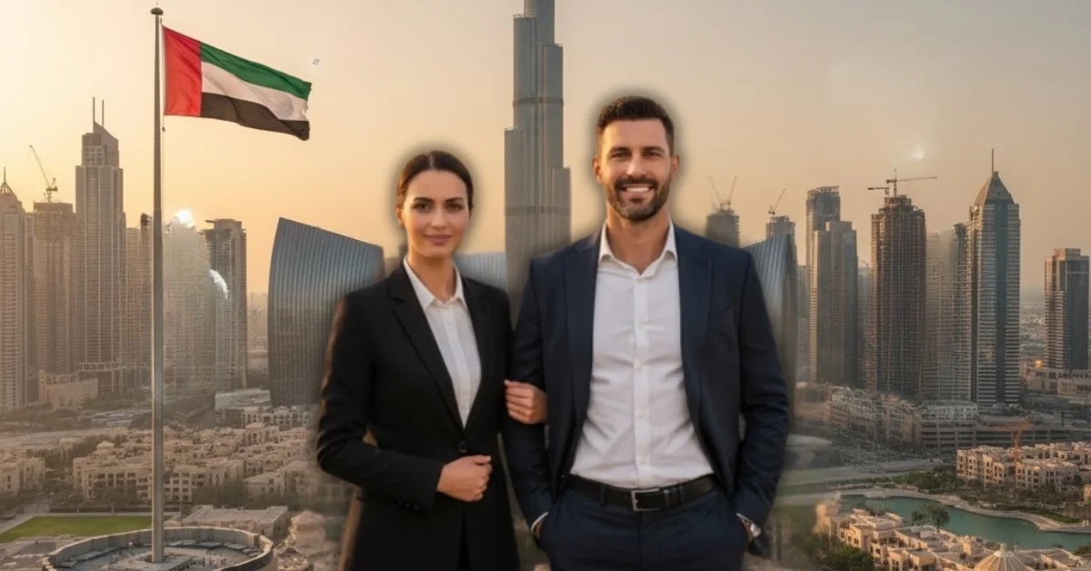 Image of professional expatriates in front of Dubai skyline representing the Permanent Resident in UAE program.
