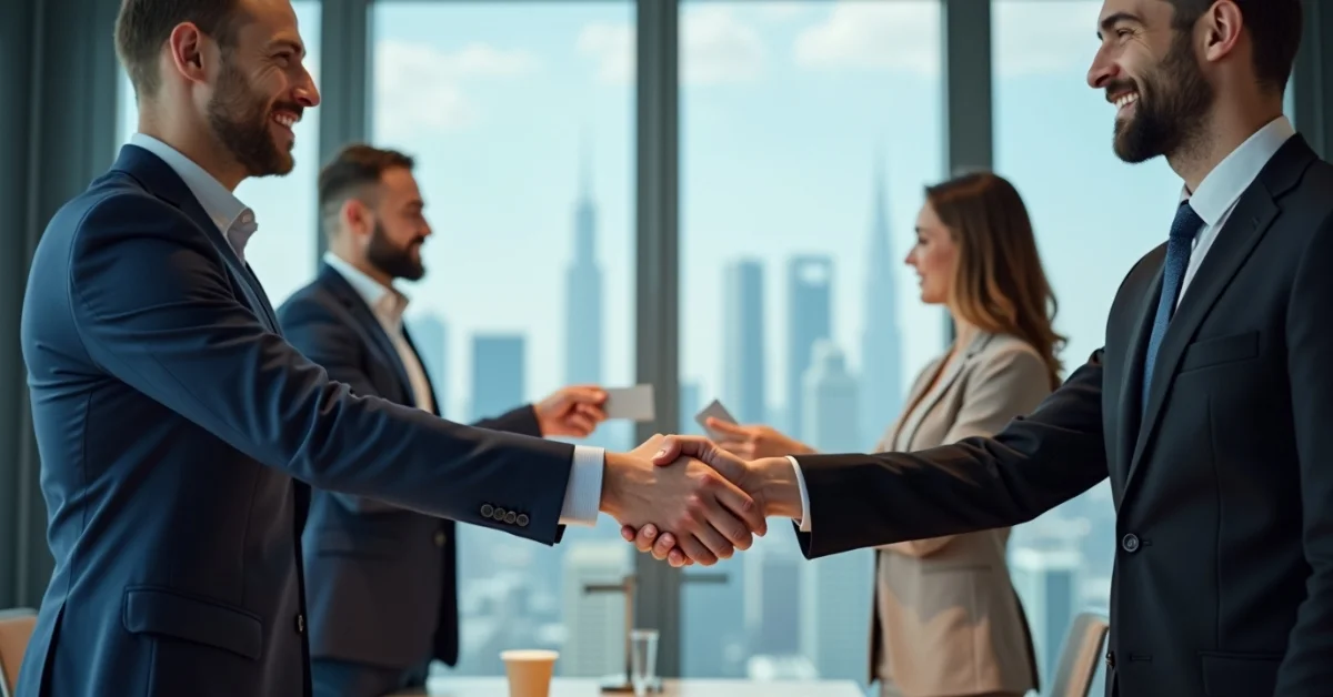Image of business professionals exchanging referrals in a modern Dubai office to build brand trust and growth.