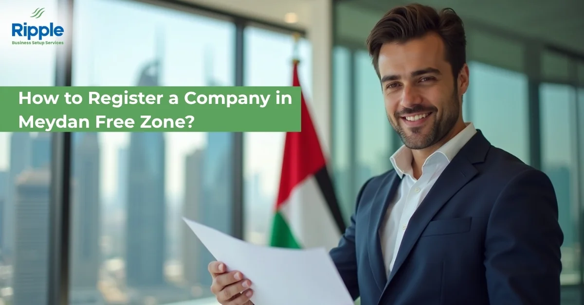 Image of business professional holding documents with UAE flag and Dubai skyline in the background, representing company registration in Meydan Free Zone.