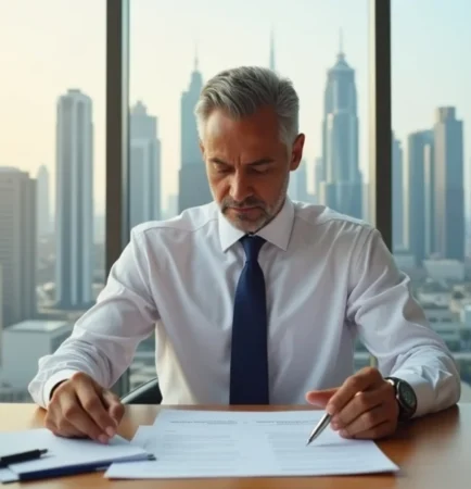 Image of a businessman reviewing a document at a desk with a skyscraper cityscape view.