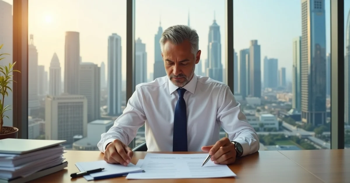 Image of a businessman reviewing a document at a desk with a skyscraper cityscape view.