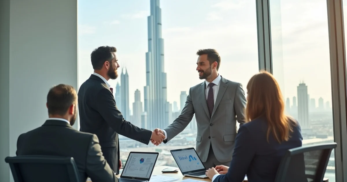 Image of entrepreneurs exploring UAE business opportunities in Dubai with a modern city background.