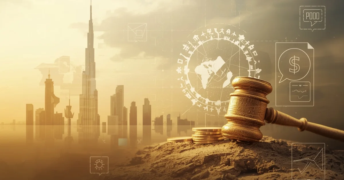 Illustration of a secure financial foundation in Dubai, with legal documents, assets, and the city skyline.
