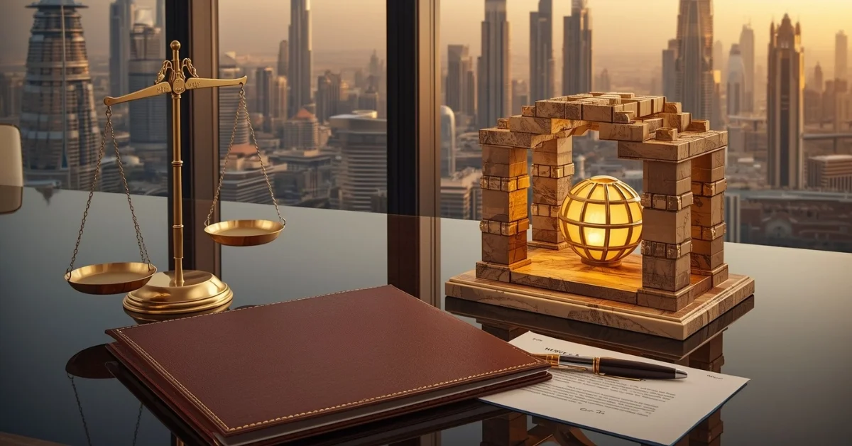 Image of legal documents and the Dubai skyline symbolizing UAE Foundation requirements and wealth protection.