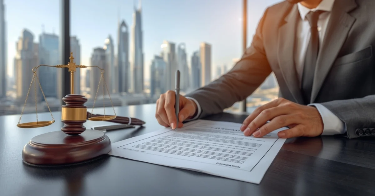 Image of a modern Dubai office with legal foundation documents representing asset protection and governance.