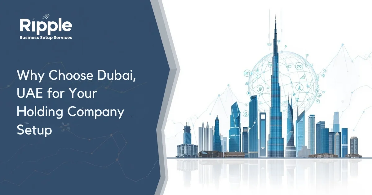 Image of the professional Dubai skyline with business icons for holding company setup.