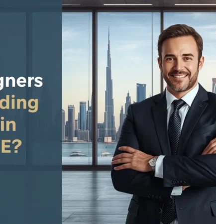 Image of a professional image showing foreign investors discussing holding company setup in Dubai office with city skyline view.