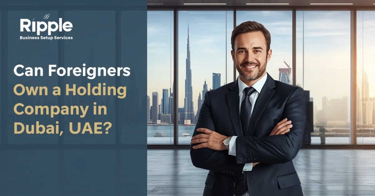 Image of a professional image showing foreign investors discussing holding company setup in Dubai office with city skyline view.