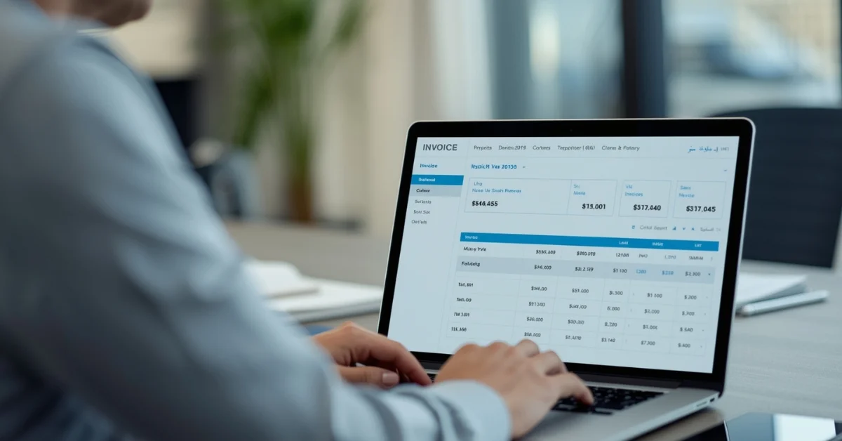 Image of a person using a laptop to manage an e-invoicing dashboard with financial data and charts.