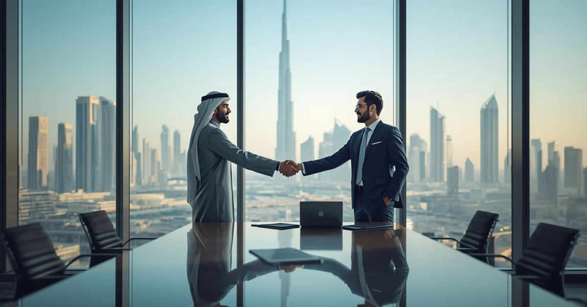 Image of Emirati and expatriate professionals shaking hands in a Dubai office with the skyline visible, symbolizing trust and strong business relationships in the UAE.