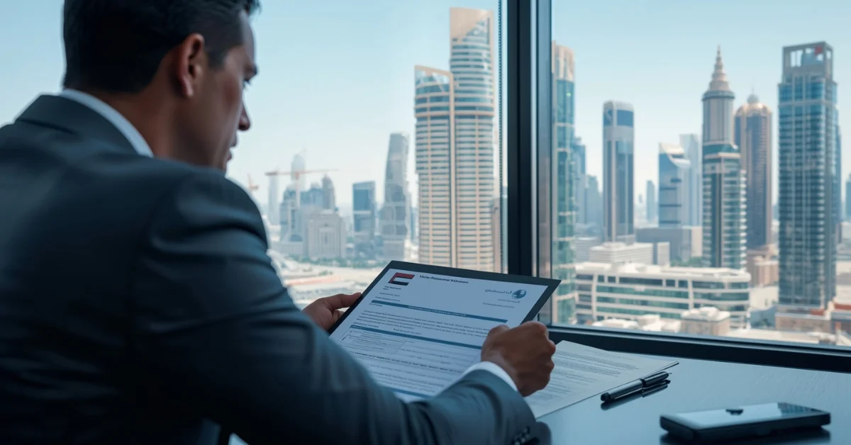 Image of a business owner reviewing documents with Dubai skyline in the background for Certificate of Good Standing process.