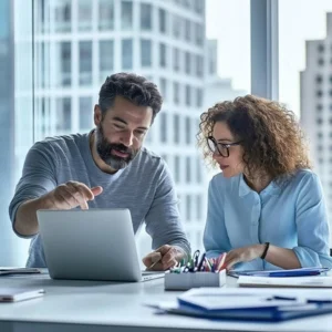 Image of two colleagues looking at a laptop in an office with a city view.