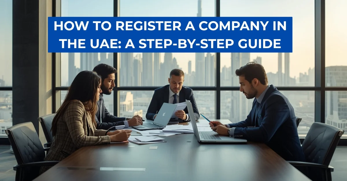 Image of Entrepreneurs reviewing documents in a Dubai office with city skyline in the background during company registration process
