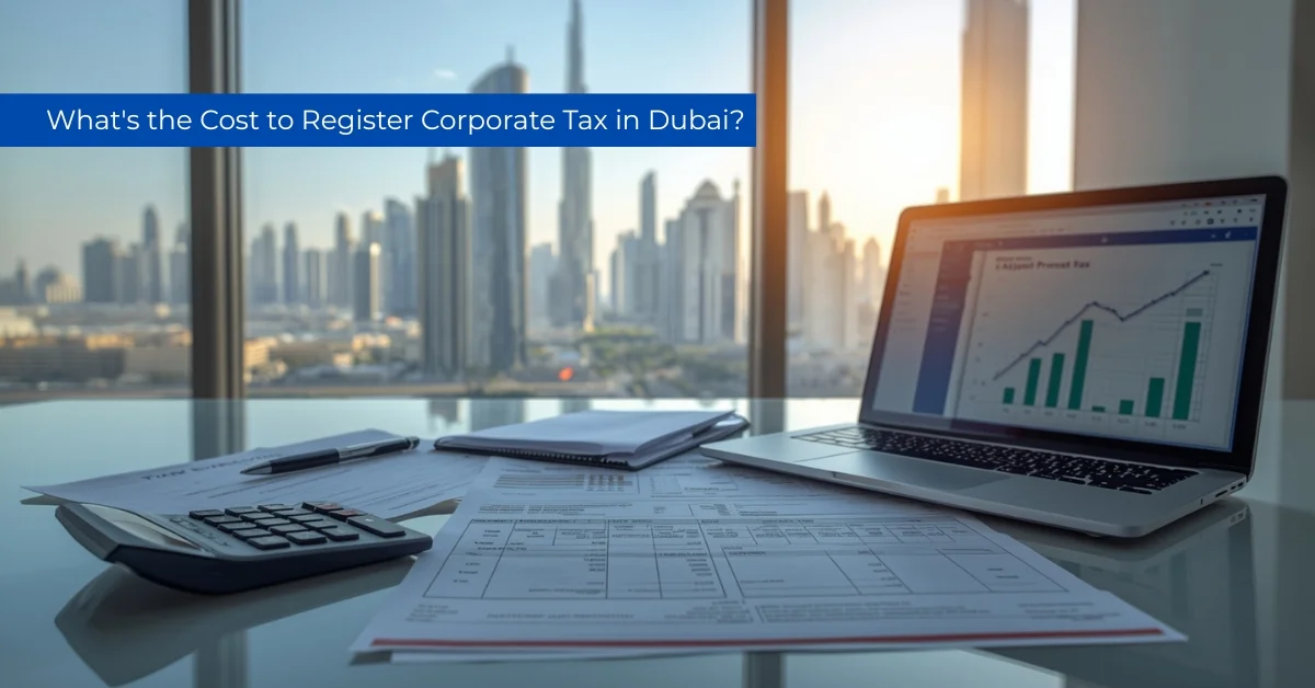 A laptop showing financial charts alongside a calculator and paperwork on an office desk, with text asking, "What's the Cost to Register Corporate Tax in Dubai?"
