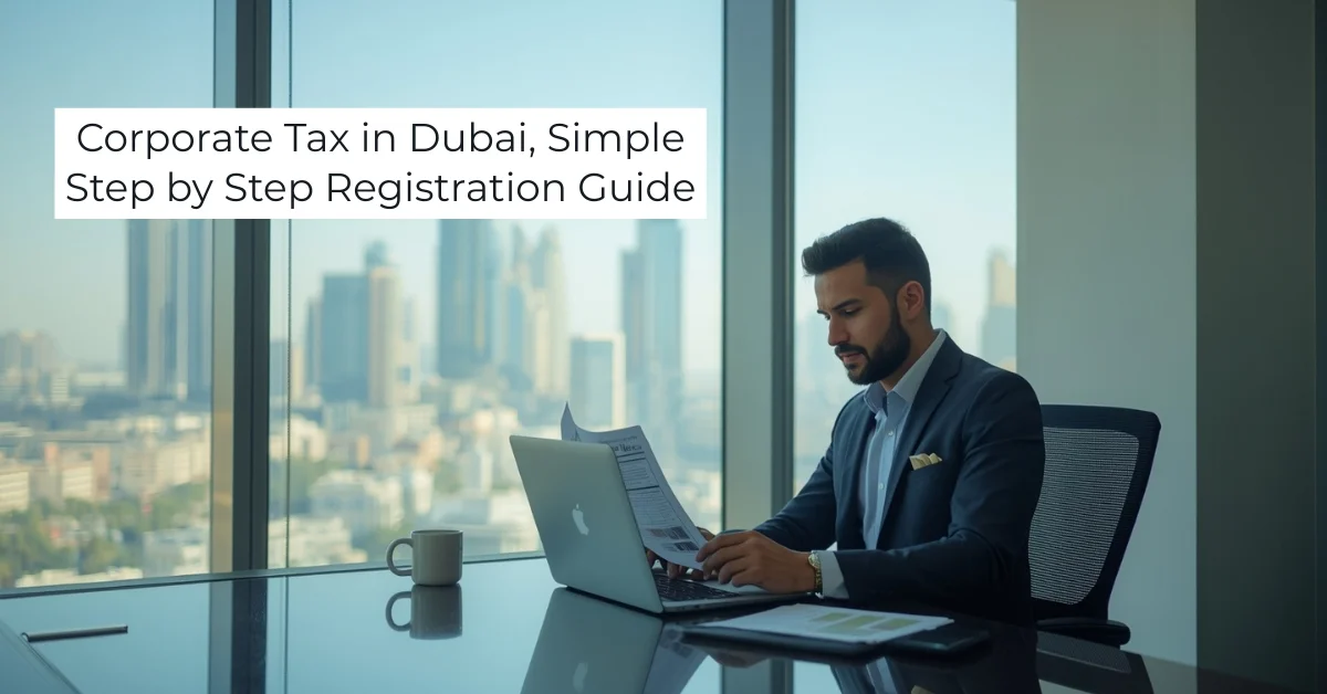 Image of a business owner reviewing corporate tax registration documents in a Dubai office.