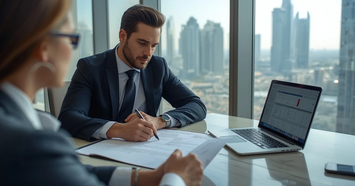 Image of Business owner reviewing corporate tax registration documents in a modern Dubai office with city skyline view.