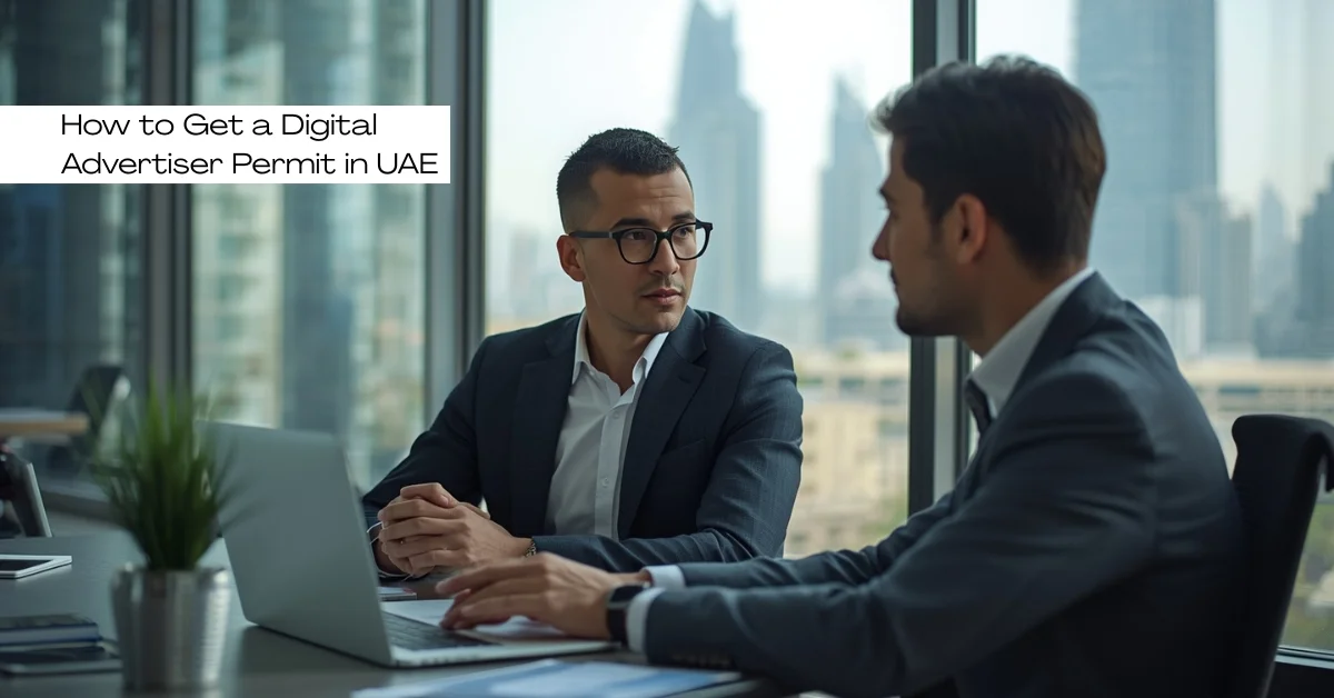 Image of a business consultant assisting a client with Digital Advertiser Permit process in the UAE