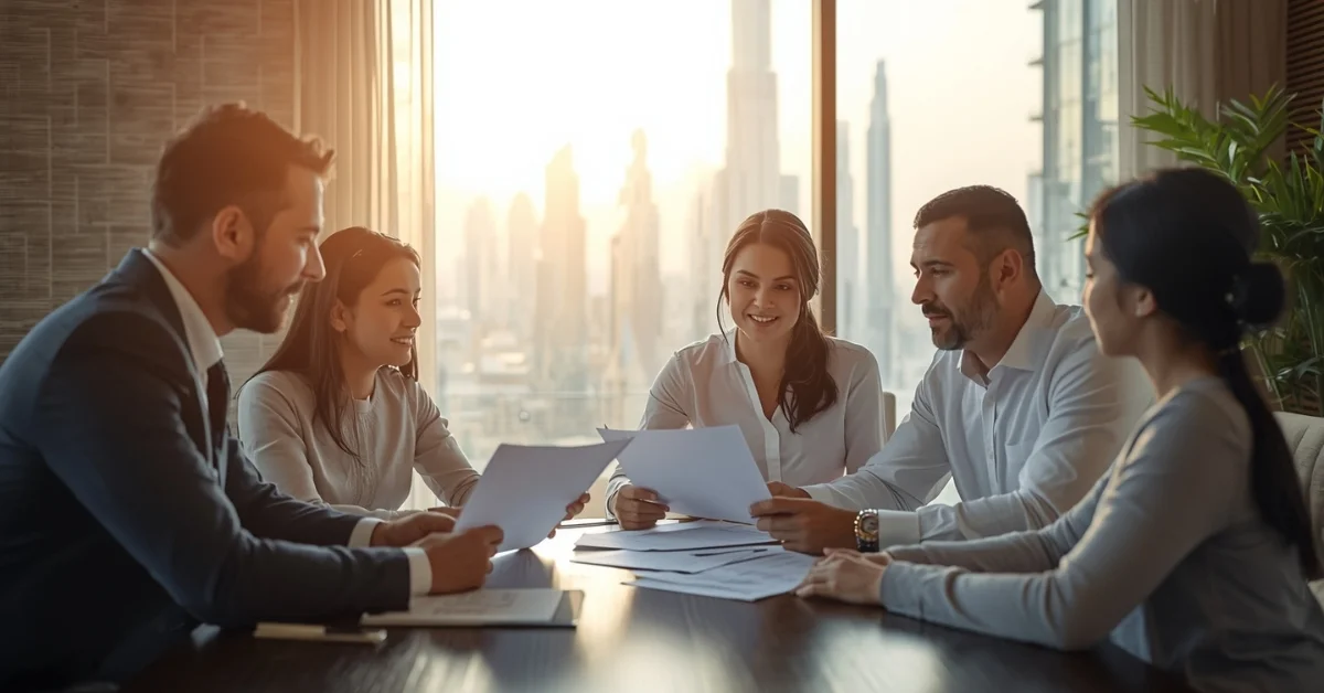 Image of a family trust consultation in Dubai with an advisor and a skyline view.