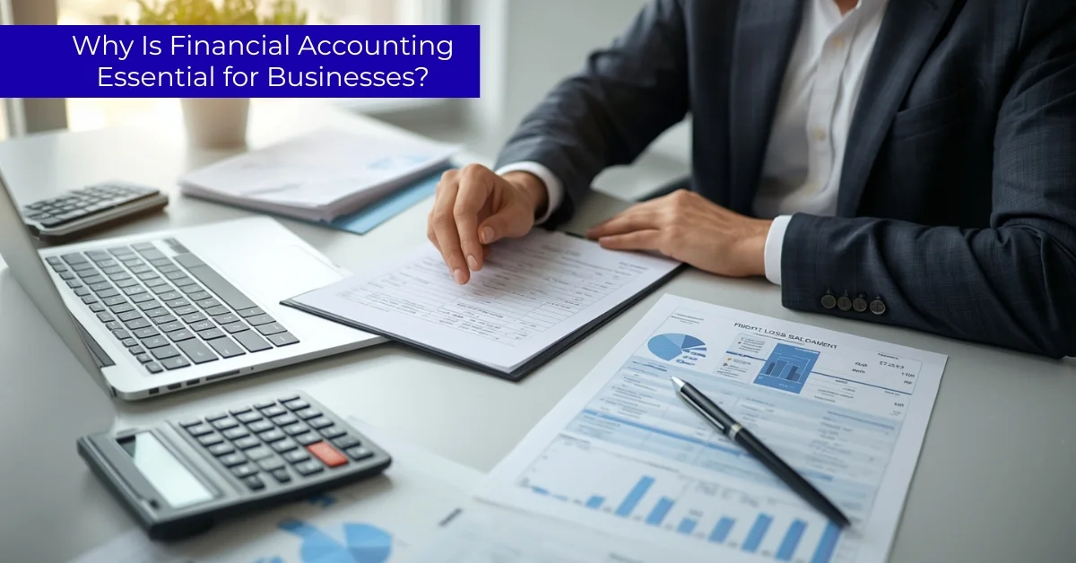 A person in a business suit reviewing financial documents and charts on a desk with a laptop and calculator, featuring the text "Why Is Financial Accounting Essential for Businesses?"