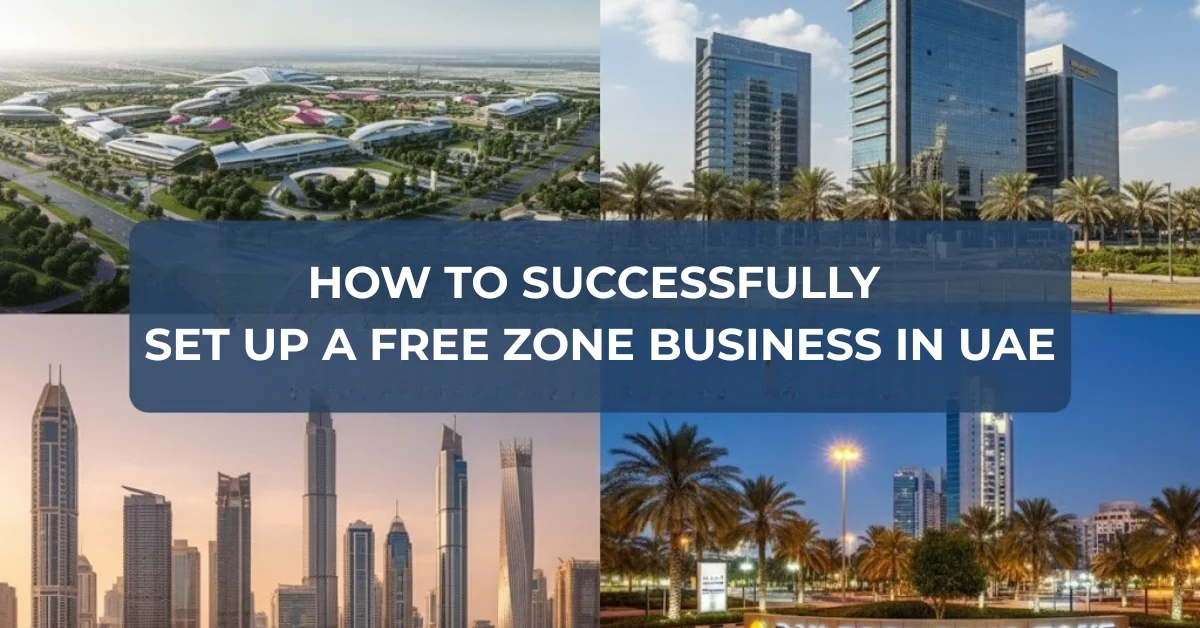 Image of a collage of UAE business districts with the text "How to successfully set up a Free Zone business in UAE.