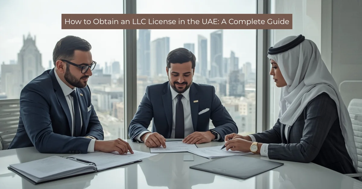 Image of business professionals in a UAE office with text: "How to Obtain an LLC License in the UAE."