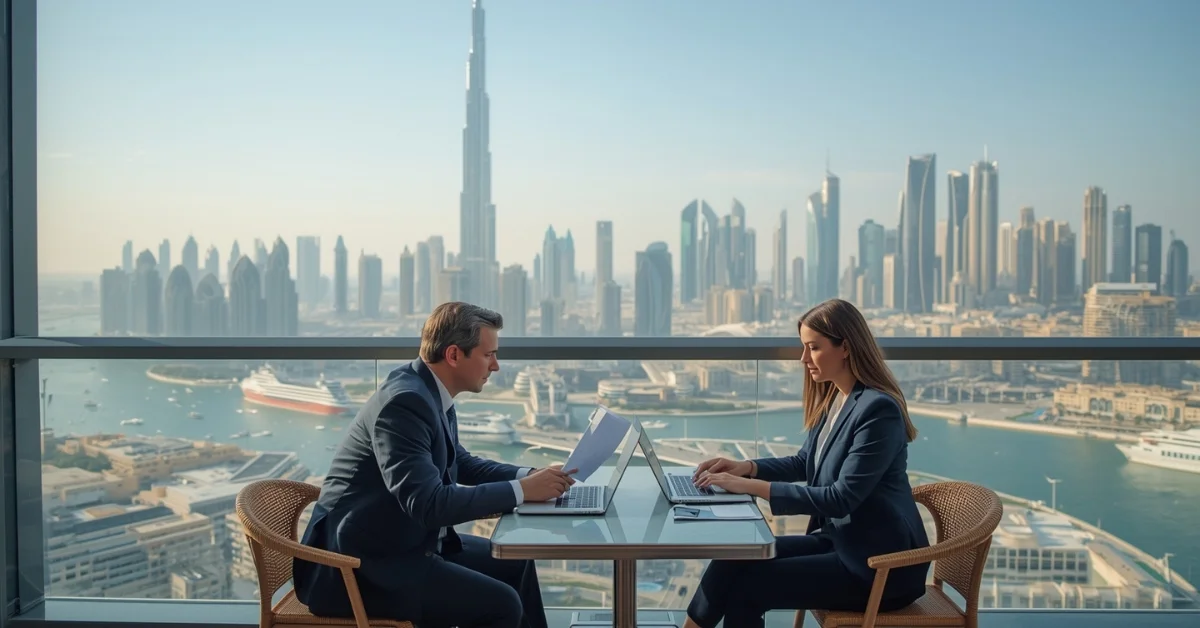 Image of a low-cost business setup in Dubai with modern city skyline and entrepreneurs working.