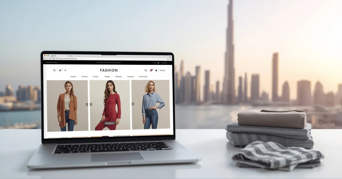 Image of an online clothing business in Dubai with fashion products displayed on a laptop and Dubai skyline in the background.