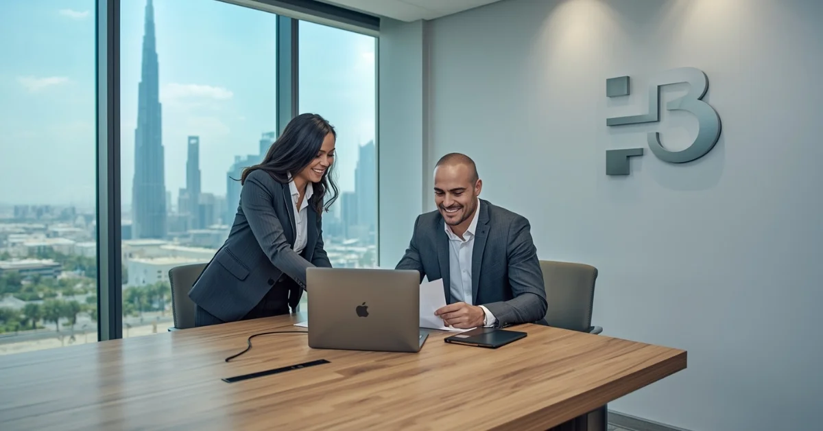 Image of a business consultant assisting a startup owner with bank account setup in RAK office.