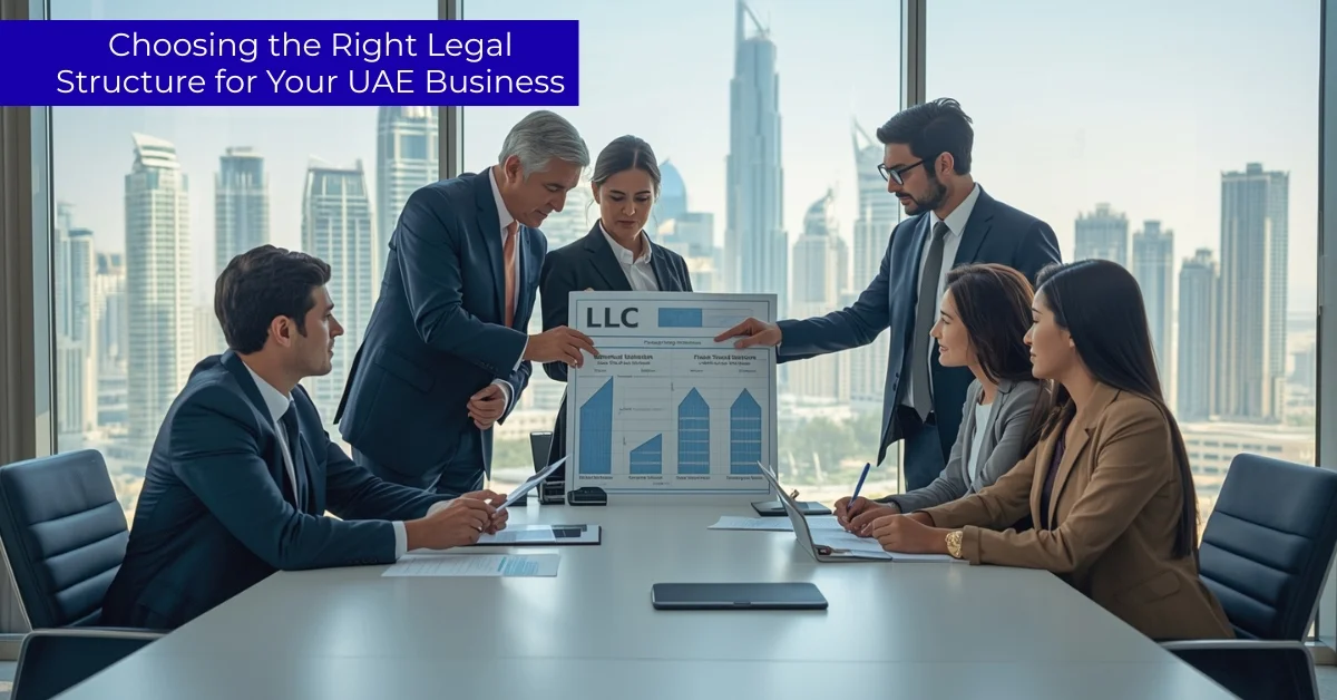 A group of business professionals in a meeting room overlooking a city skyline, discussing a presentation board about LLC structures with the text "Choosing the Right Legal Structure for Your UAE Business."