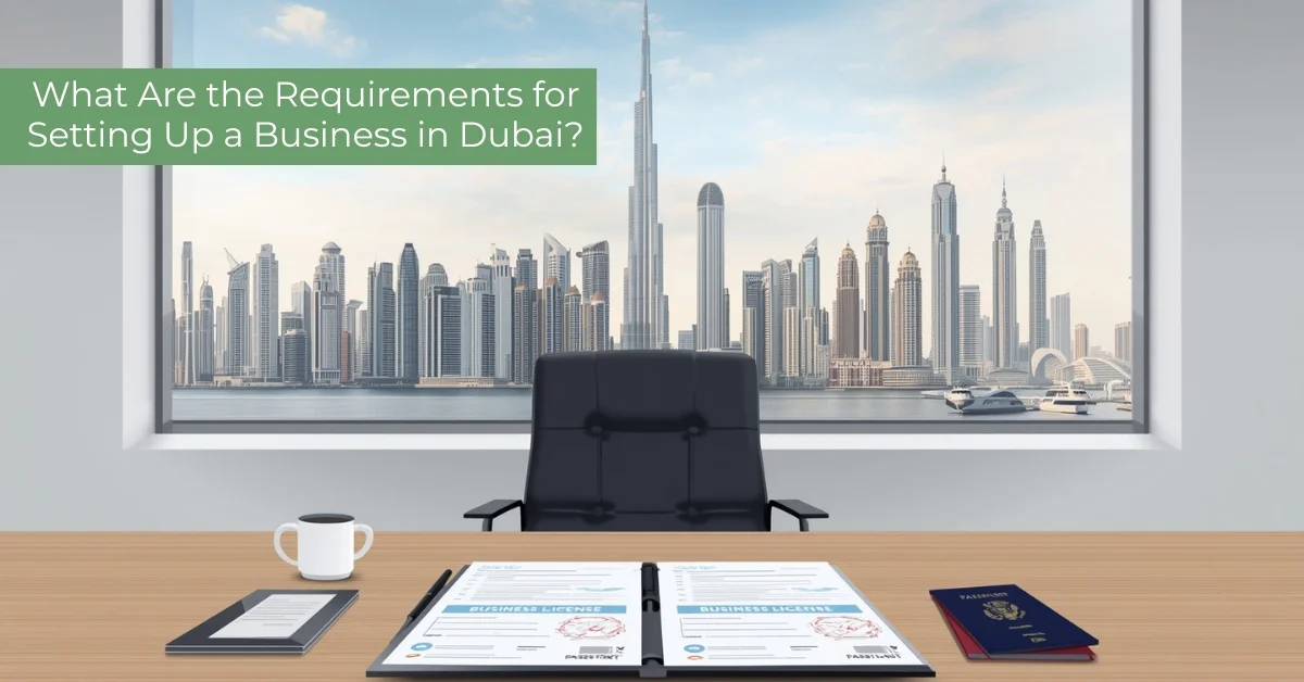Image of setting up a business in Dubai showing business documents and the Dubai skyline.